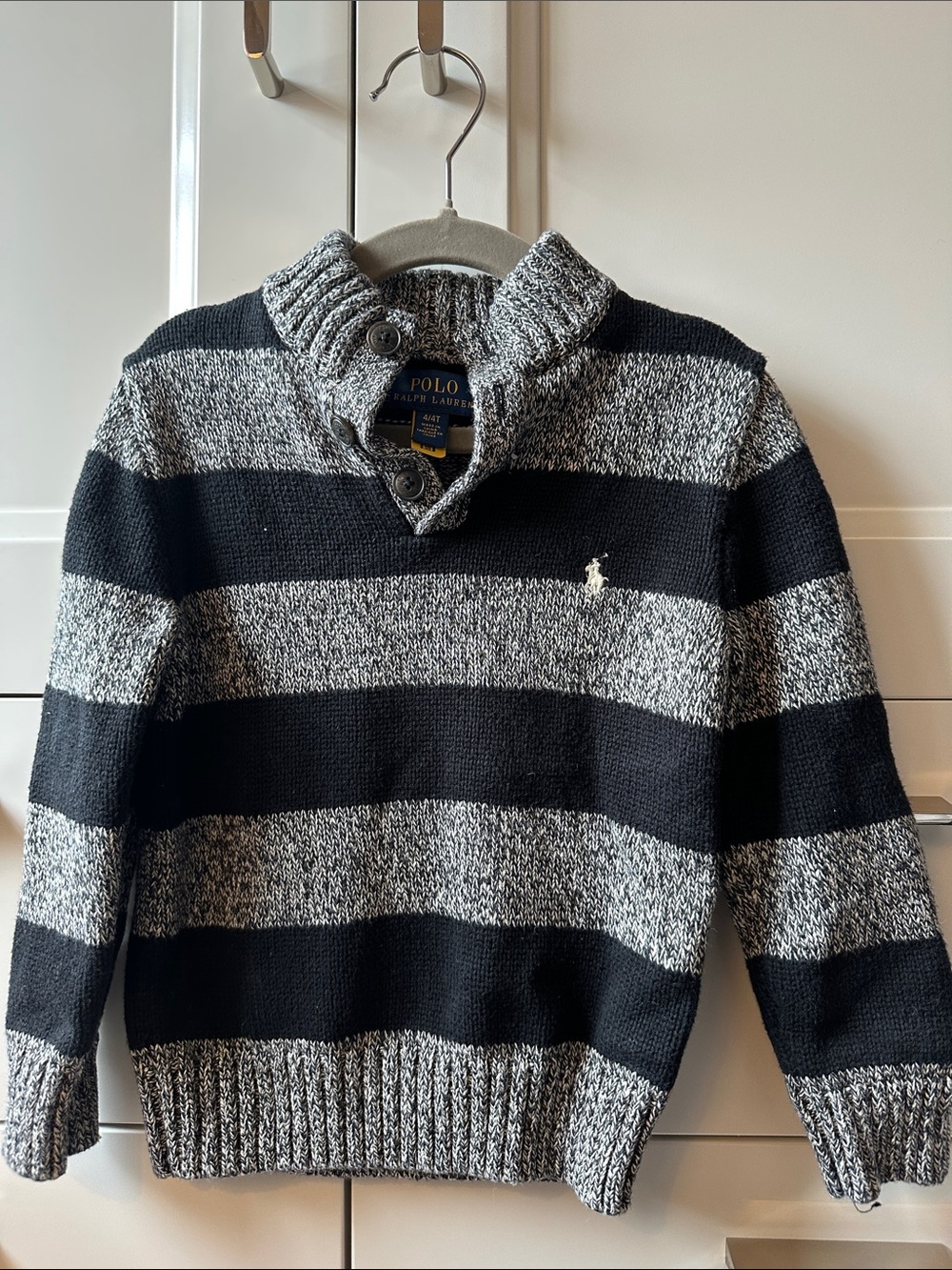 Polo by Ralph Lauren Boys Black and Gray Striped Shawl-Collar Zip Sweater